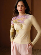 Stretchy Fitted Pink Long Sleeve Mesh Round Neck Knit Top shein