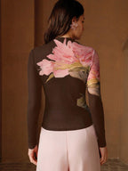 Stretchy Fitted Pink Long Sleeve Mesh Round Neck Knit Top shein