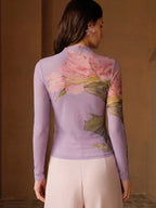 Stretchy Fitted Pink Long Sleeve Mesh Round Neck Knit Top shein