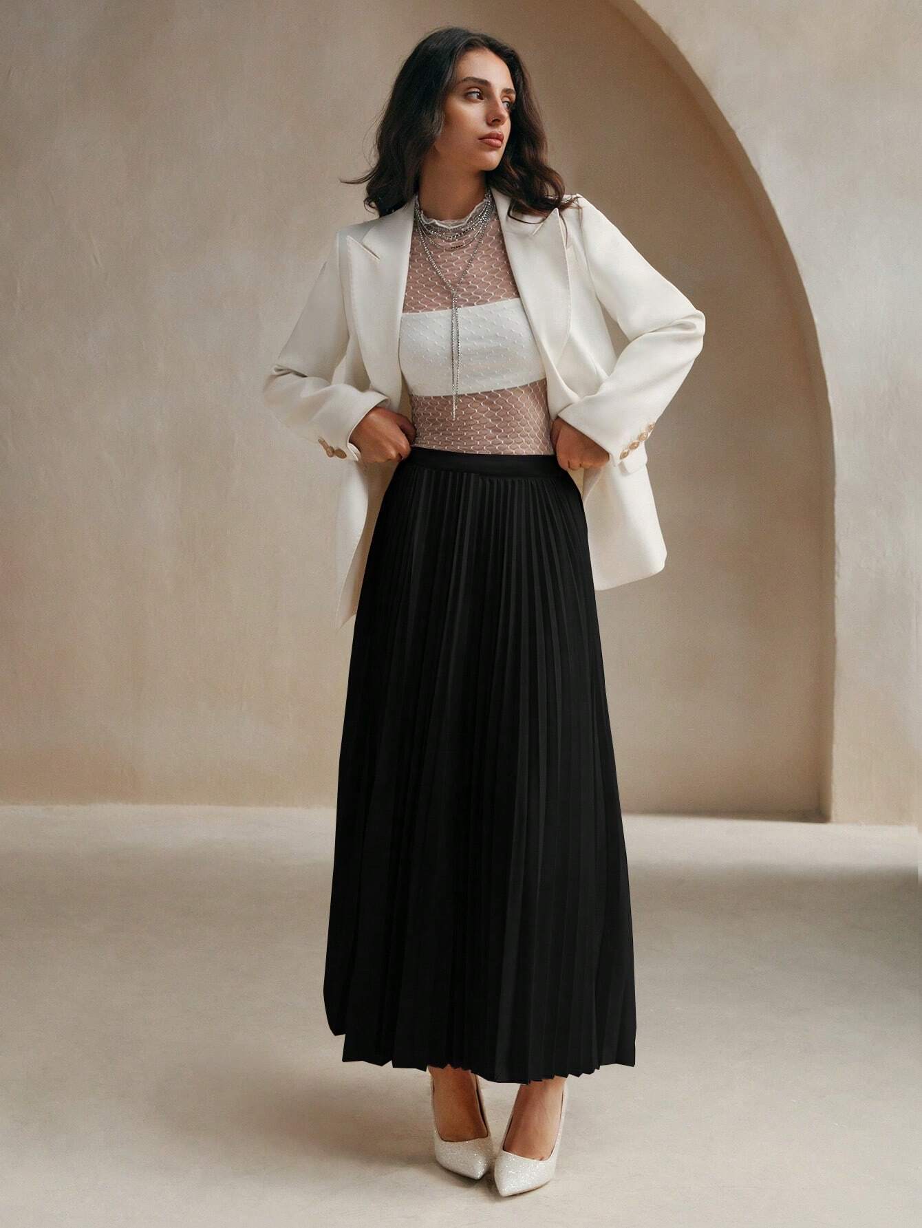 Anewsta Women's Solid Color Elegant Pleated Skirt