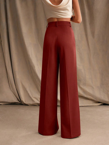 Anewsta Women Solid Color Pleated High Waist Straight Leg Palazzo Pants