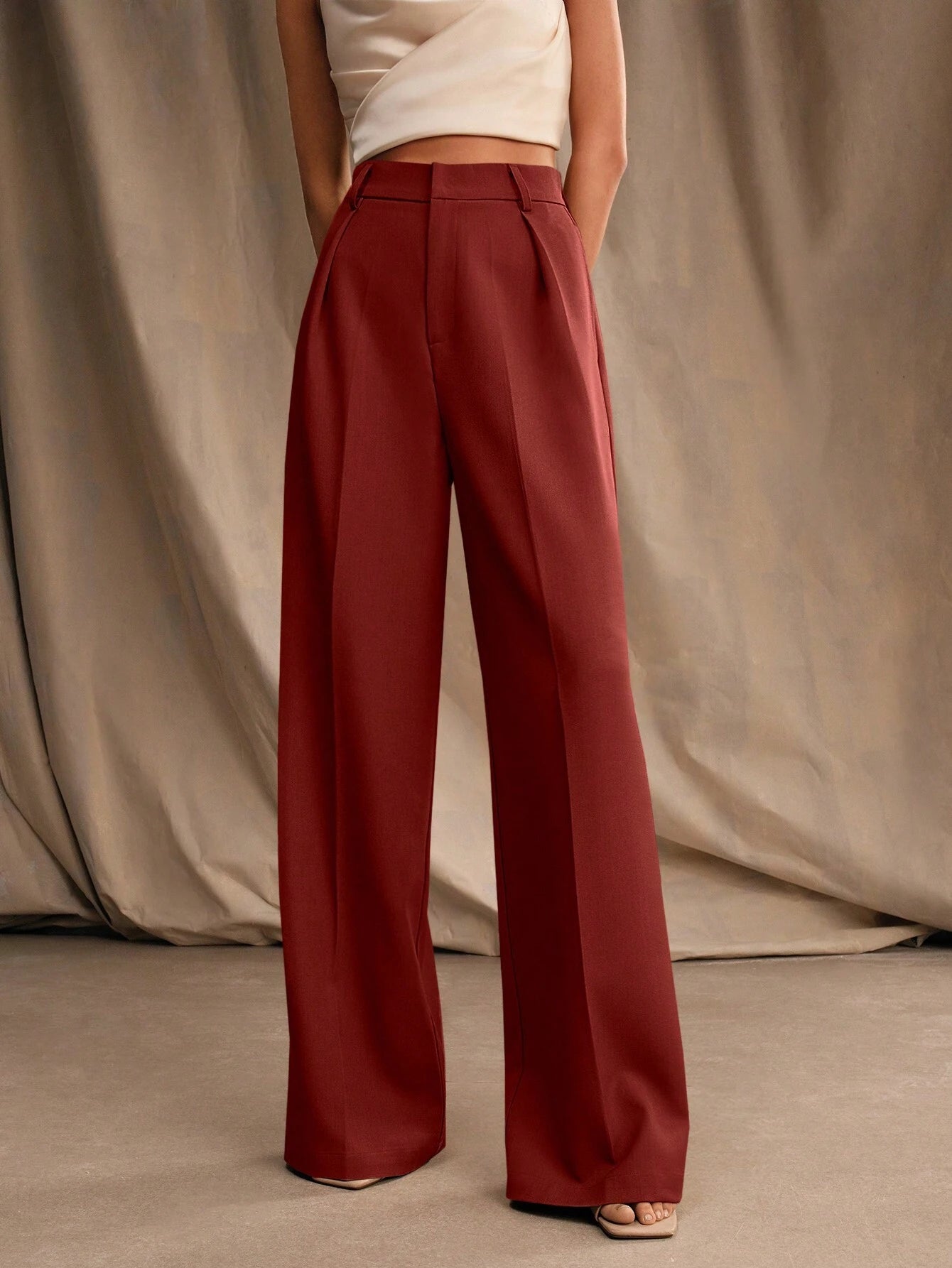 Anewsta Women Solid Color Pleated High Waist Straight Leg Palazzo Pants