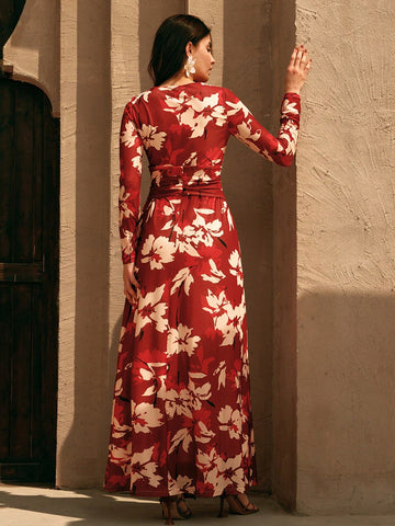 Anewsta Women Elegant Coral Red Knitted Dress With Tie Waist And Flowy Sleeves