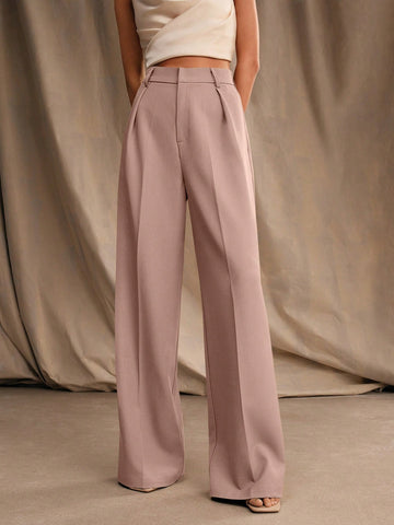 Anewsta Women Solid Color Pleated High Waist Straight Leg Palazzo Pants