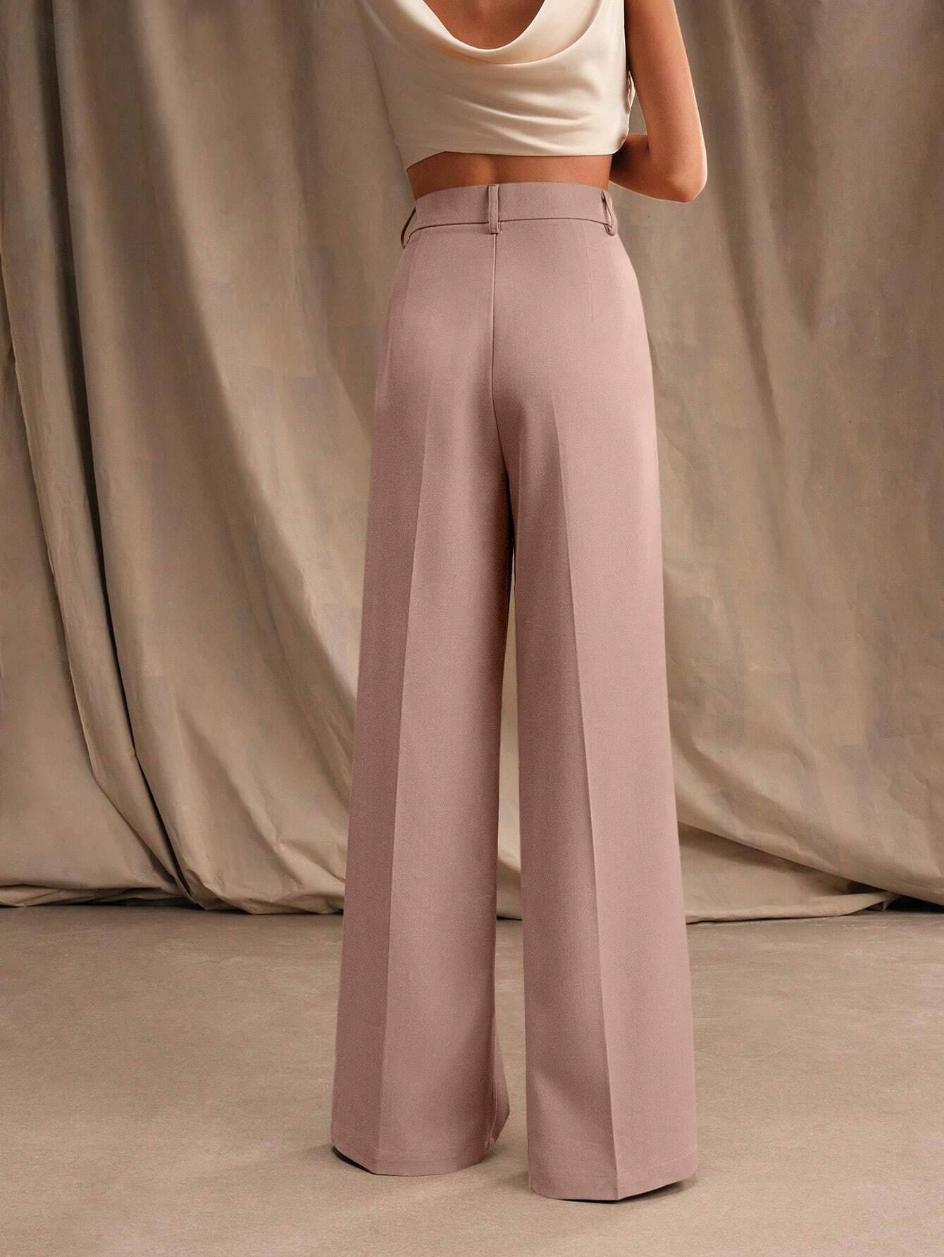 Anewsta Women Solid Color Pleated High Waist Straight Leg Palazzo Pants shein