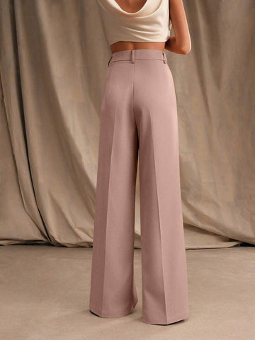 Anewsta Women Solid Color Pleated High Waist Straight Leg Palazzo Pants