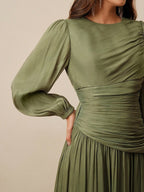 Long Sleeve Pleated Waist Shiny Dress, Elegant And Versatile shein
