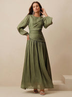 Long Sleeve Pleated Waist Shiny Dress, Elegant And Versatile shein