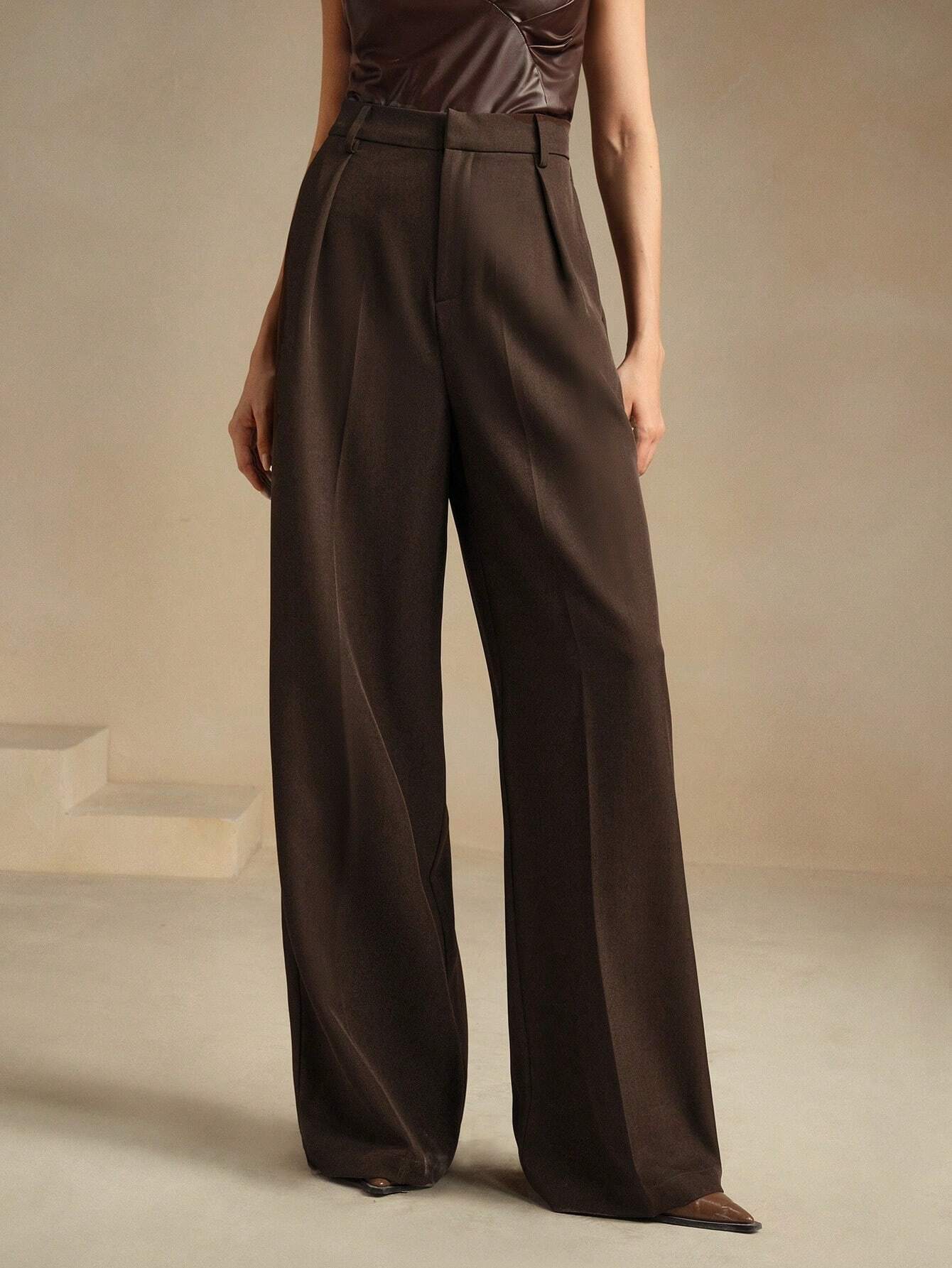 Anewsta Women Solid Color Pleated High Waist Straight Leg Palazzo Pants