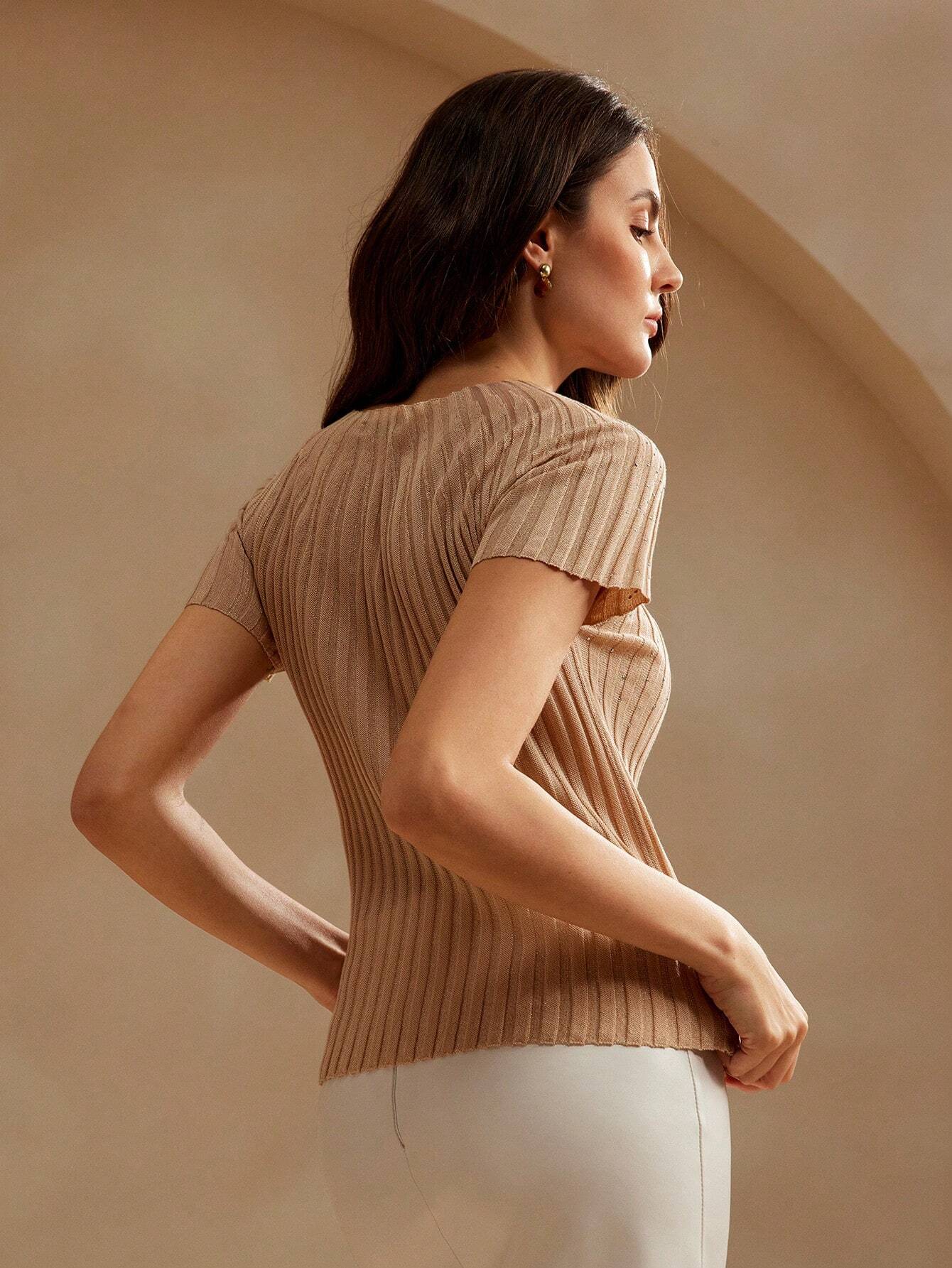 Anewsta Women's Elegant Short Sleeve Rhinestone Decor Semi-Sheer Knit Top