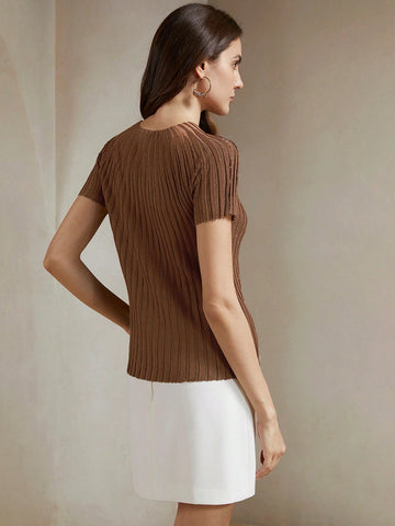 Anewsta Women's Elegant Short Sleeve Rhinestone Decor Semi-Sheer Knit Top