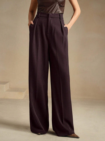 Anewsta Women Solid Color Pleated High Waist Straight Leg Palazzo Pants