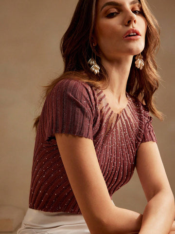 Anewsta Women's Elegant Short Sleeve Rhinestone Decor Semi-Sheer Knit Top