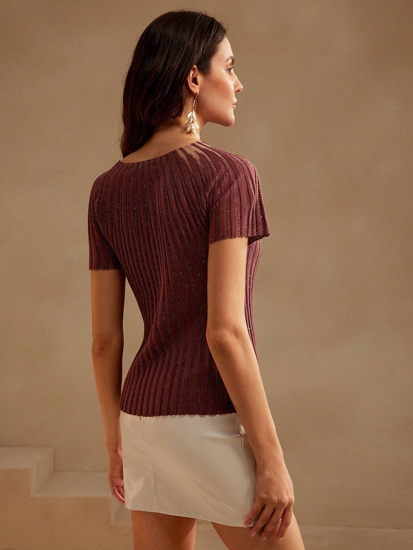 Anewsta Women's Elegant Short Sleeve Rhinestone Decor Semi-Sheer Knit Top