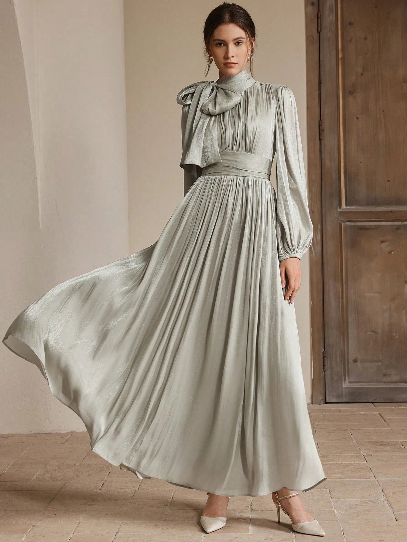 Anewsta Women's Pleated Waist Shiny Elegant Versatile Long Dress shein