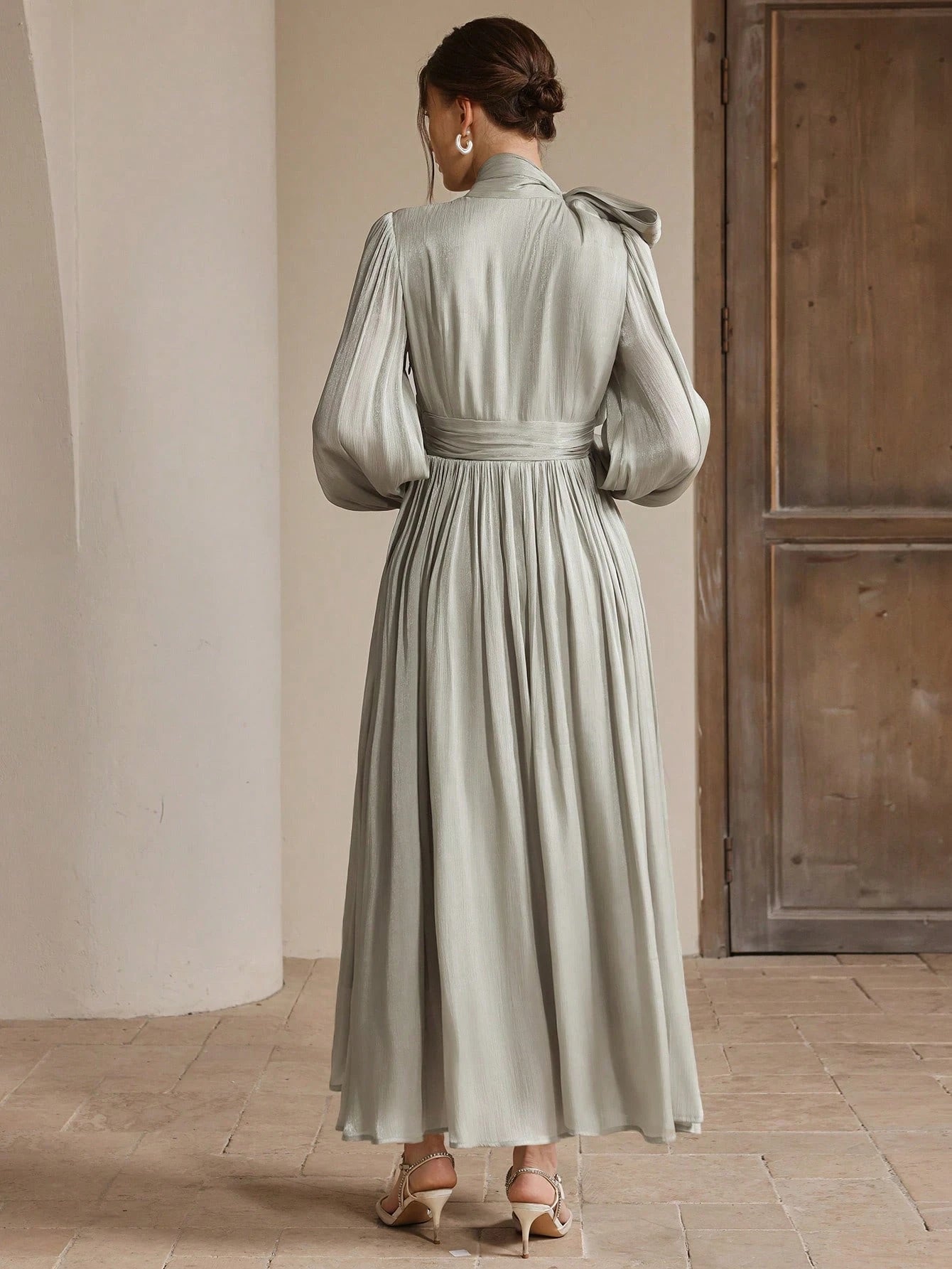Anewsta Women's Pleated Waist Shiny Elegant Versatile Long Dress shein