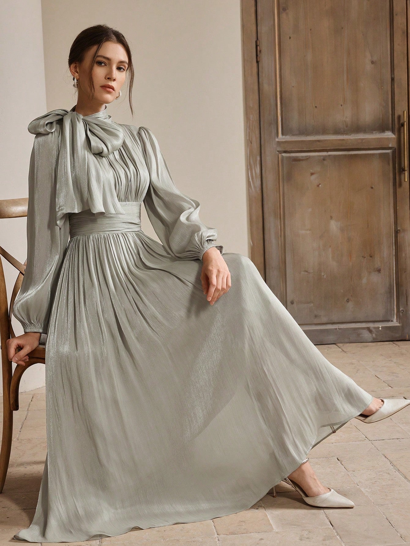 Anewsta Women's Pleated Waist Shiny Elegant Versatile Long Dress shein