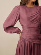 Long Sleeve Pleated Waist Shiny Dress, Elegant And Versatile shein