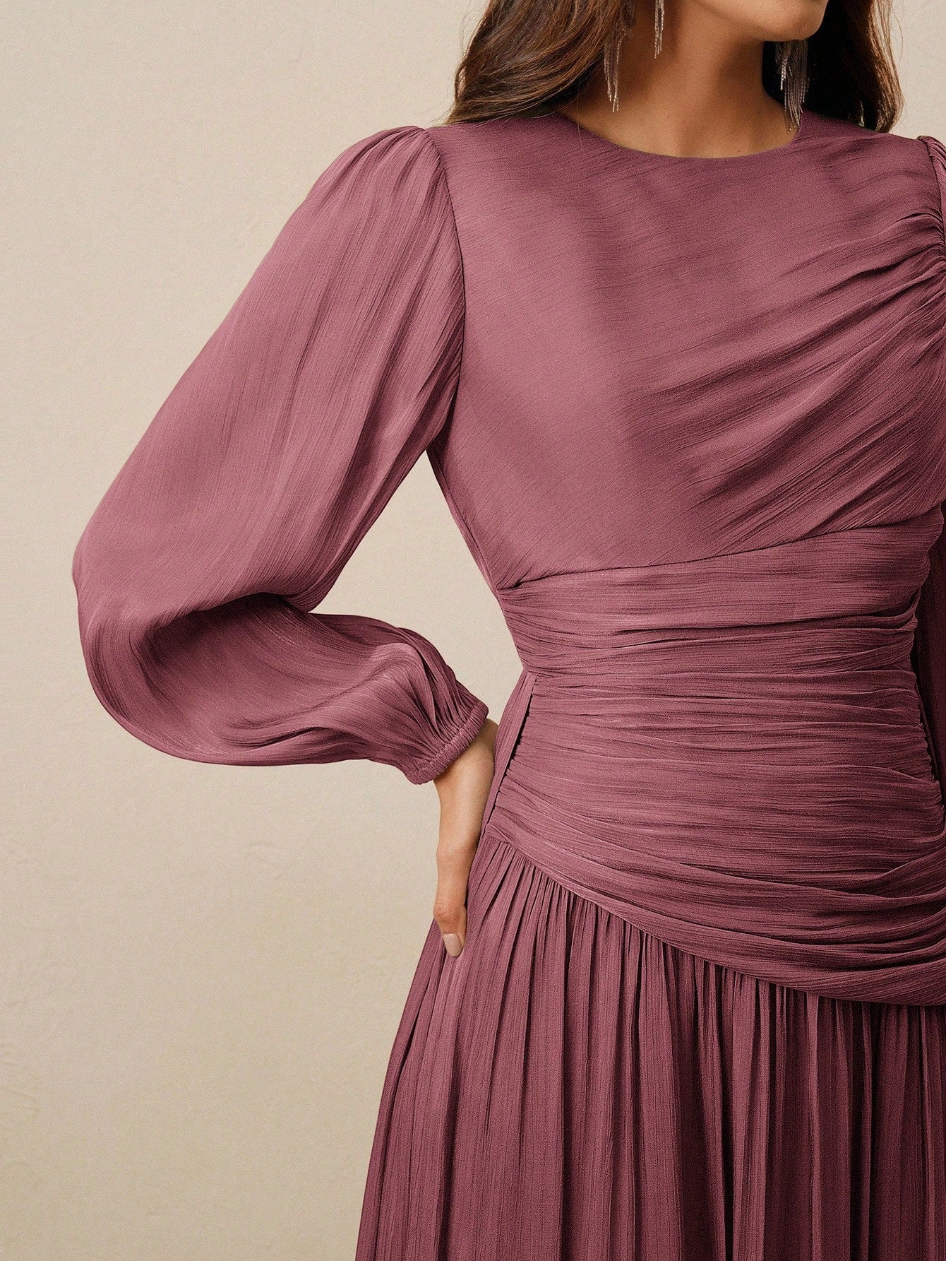 Long Sleeve Pleated Waist Shiny Dress, Elegant And Versatile shein