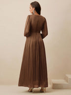 Long Sleeve Pleated Waist Shiny Dress, Elegant And Versatile shein
