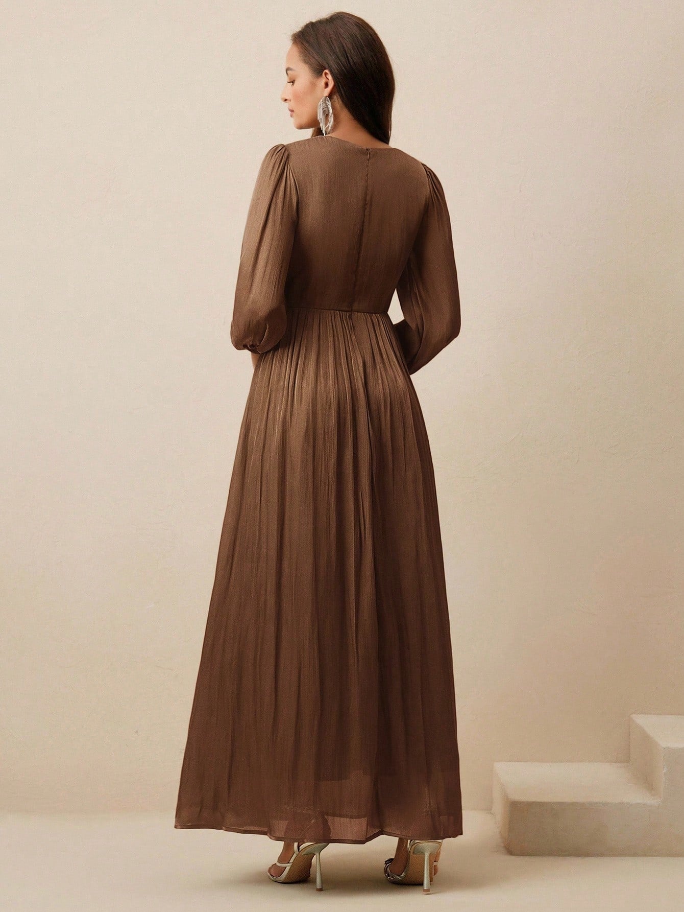 Long Sleeve Pleated Waist Shiny Dress, Elegant And Versatile shein