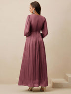 Long Sleeve Pleated Waist Shiny Dress, Elegant And Versatile shein