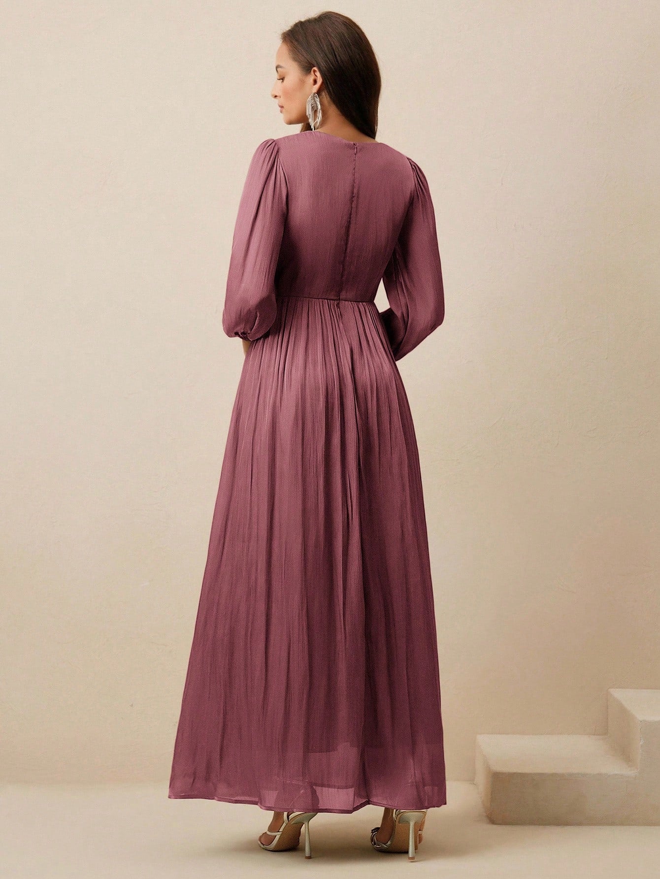 Long Sleeve Pleated Waist Shiny Dress, Elegant And Versatile shein