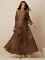 Long Sleeve Pleated Waist Shiny Dress, Elegant And Versatile shein