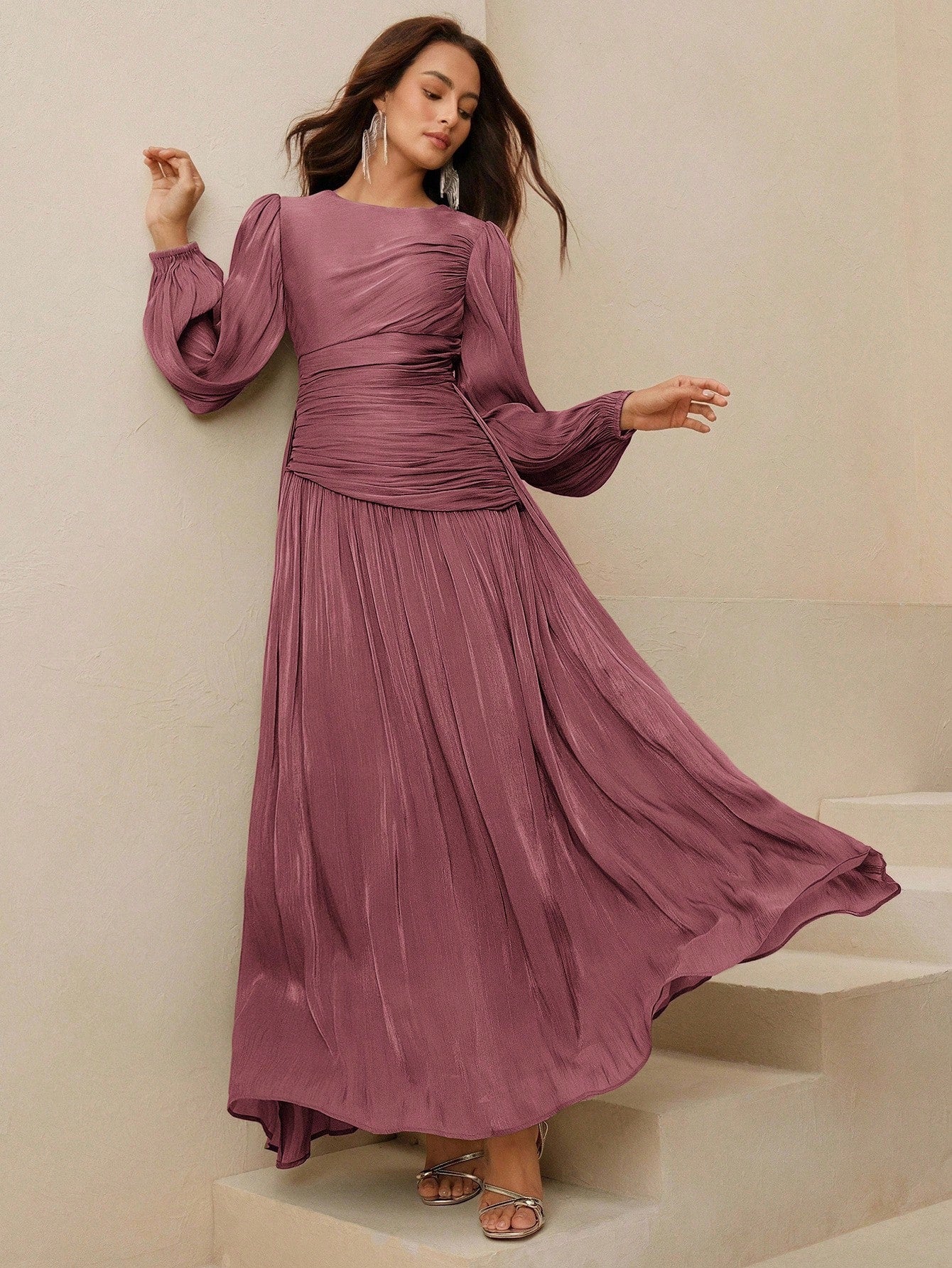 Long Sleeve Pleated Waist Shiny Dress, Elegant And Versatile shein