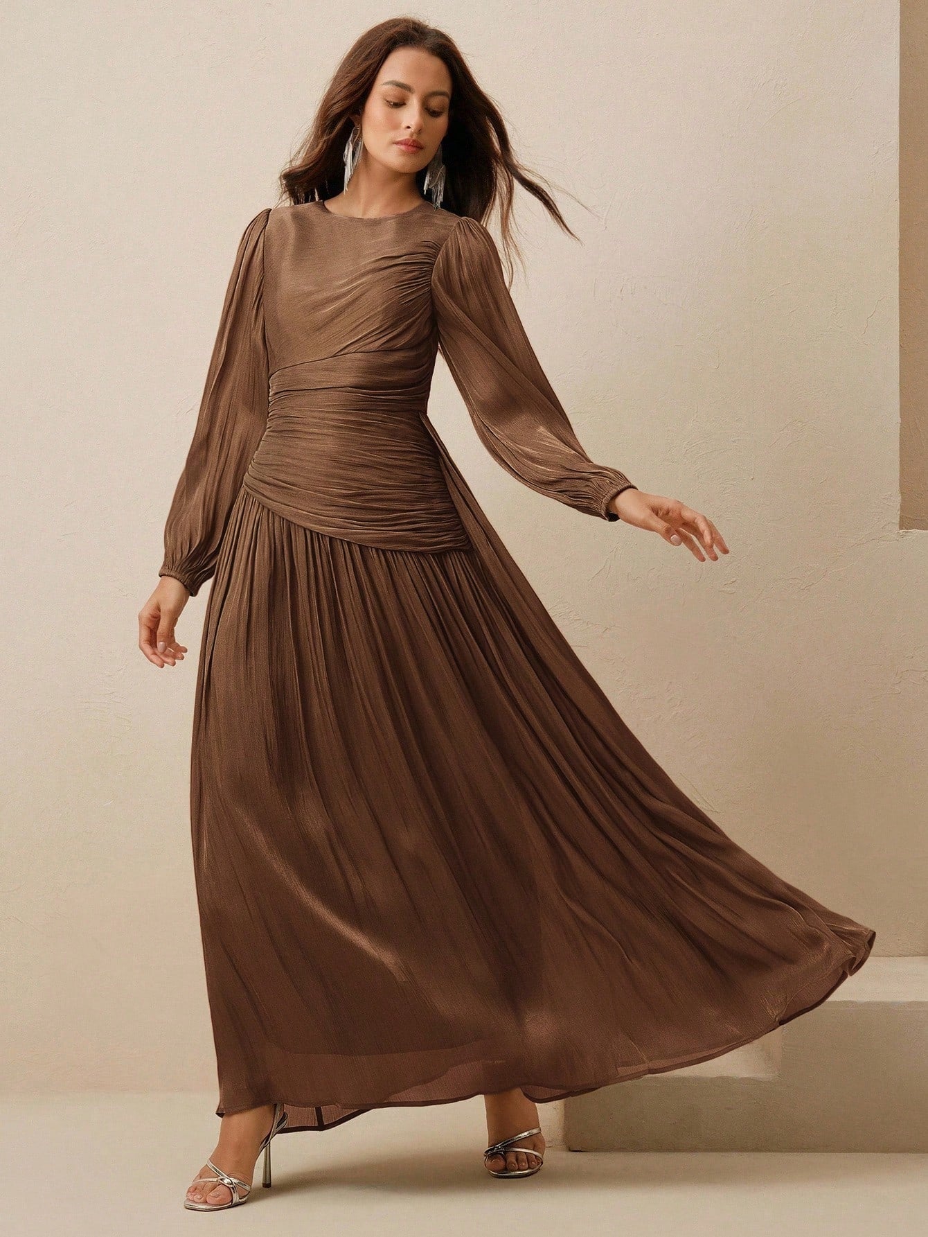 Long Sleeve Pleated Waist Shiny Dress, Elegant And Versatile shein