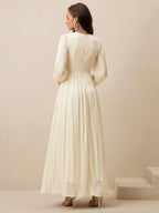 Long Sleeve Pleated Waist Shiny Dress, Elegant And Versatile shein