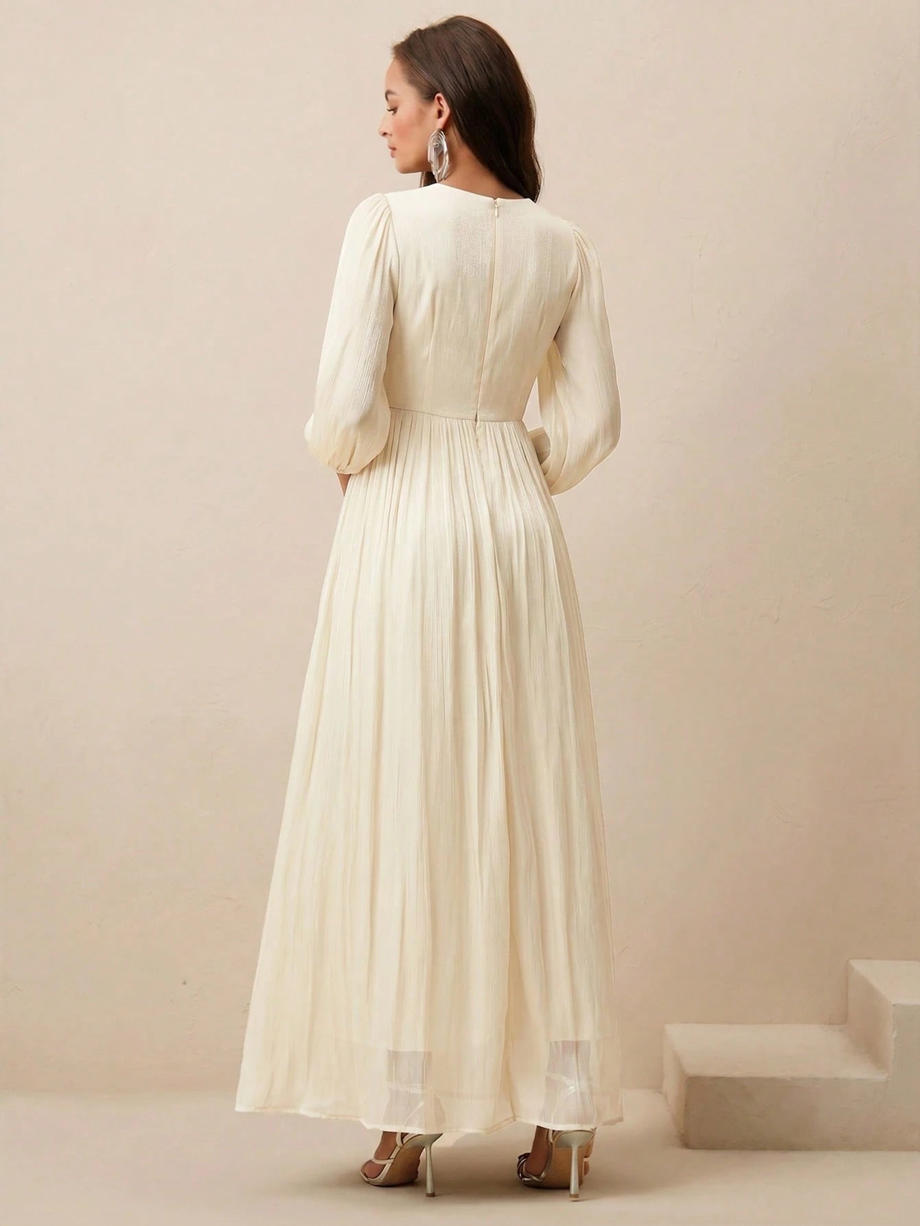 Long Sleeve Pleated Waist Shiny Dress, Elegant And Versatile shein