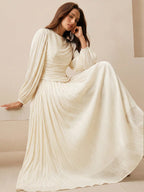 Long Sleeve Pleated Waist Shiny Dress, Elegant And Versatile shein