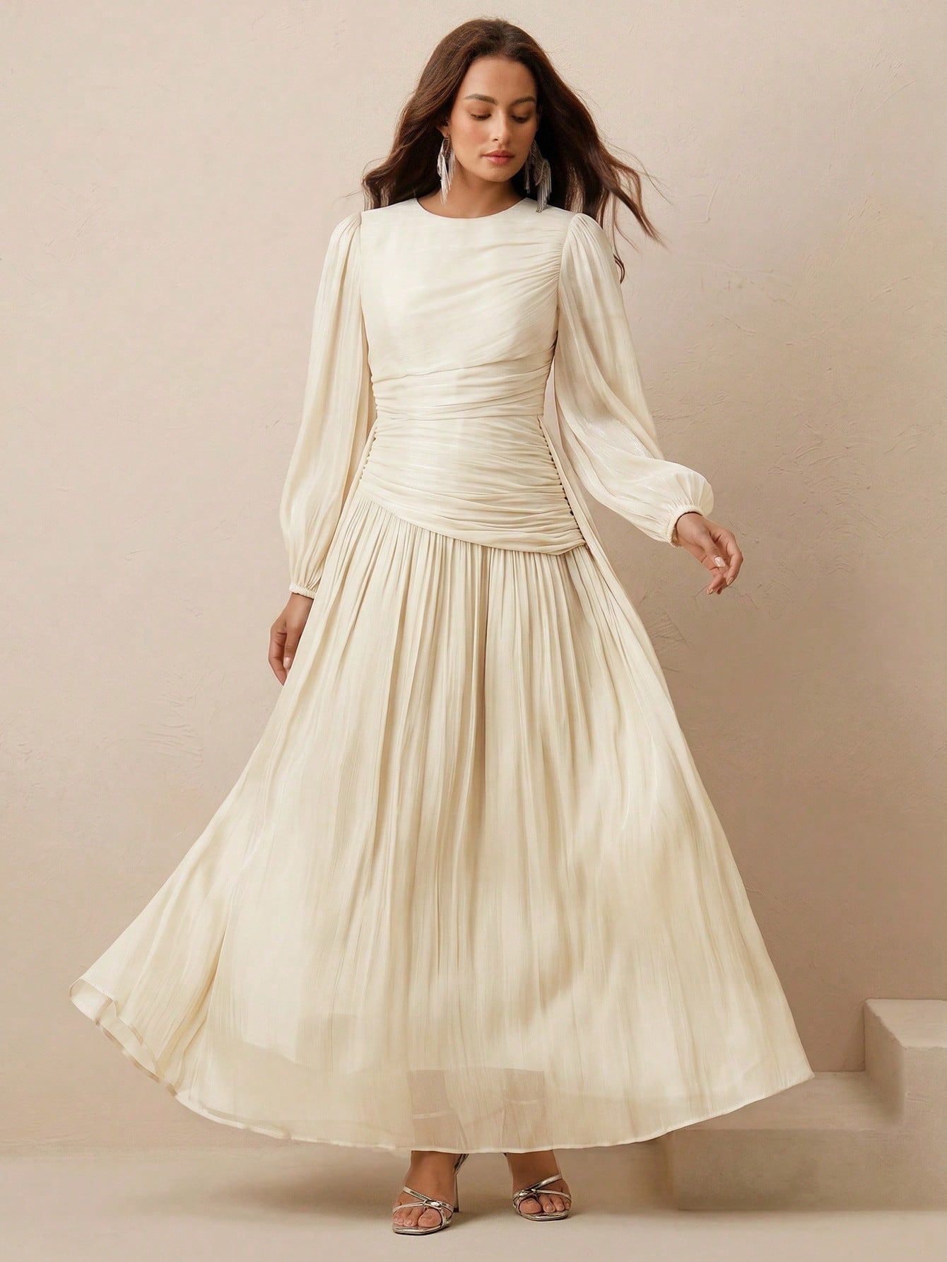 Long Sleeve Pleated Waist Shiny Dress, Elegant And Versatile shein