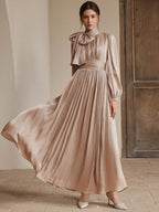 Anewsta Women's Pleated Waist Shiny Elegant Versatile Long Dress shein
