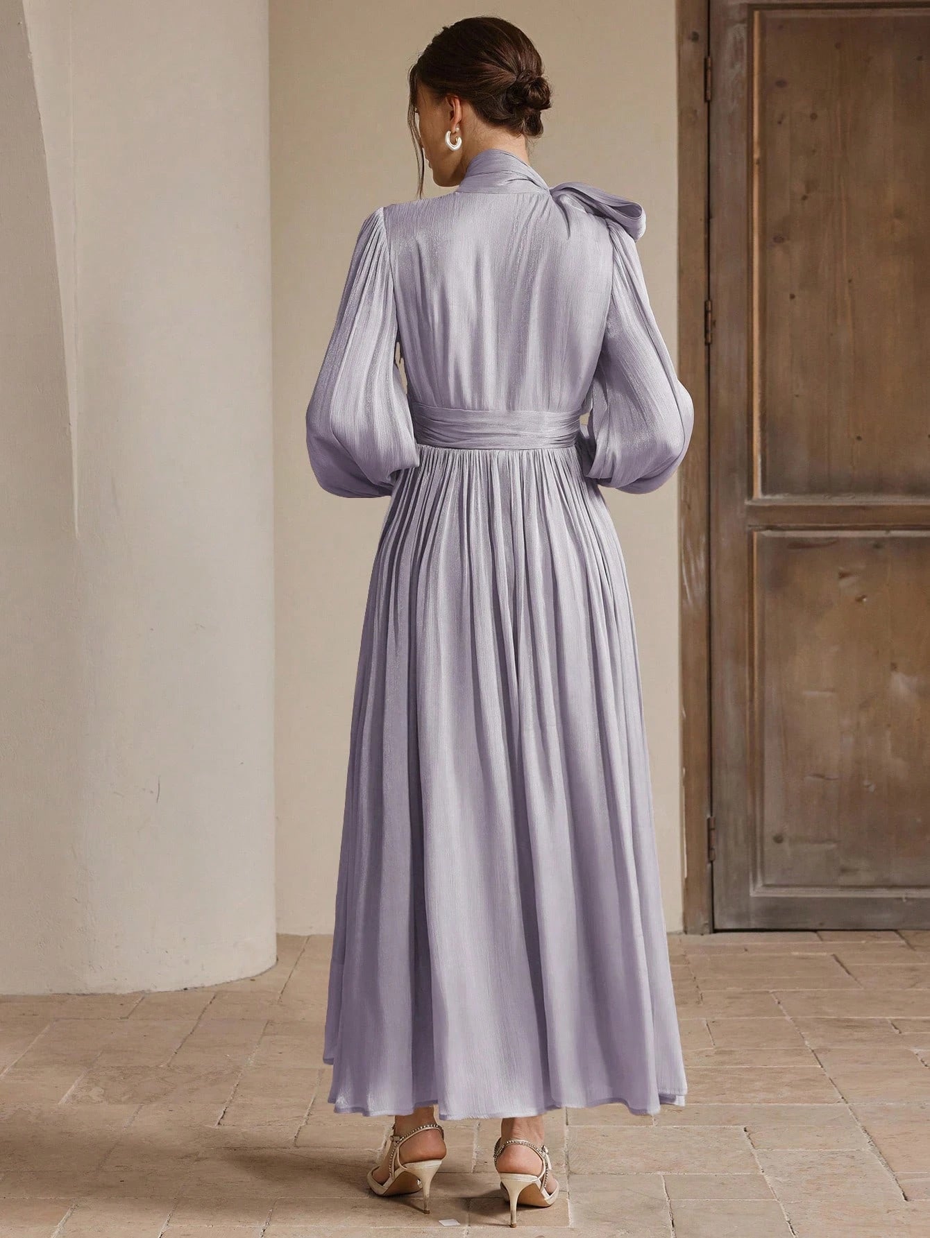 Anewsta Women's Pleated Waist Shiny Elegant Versatile Long Dress shein