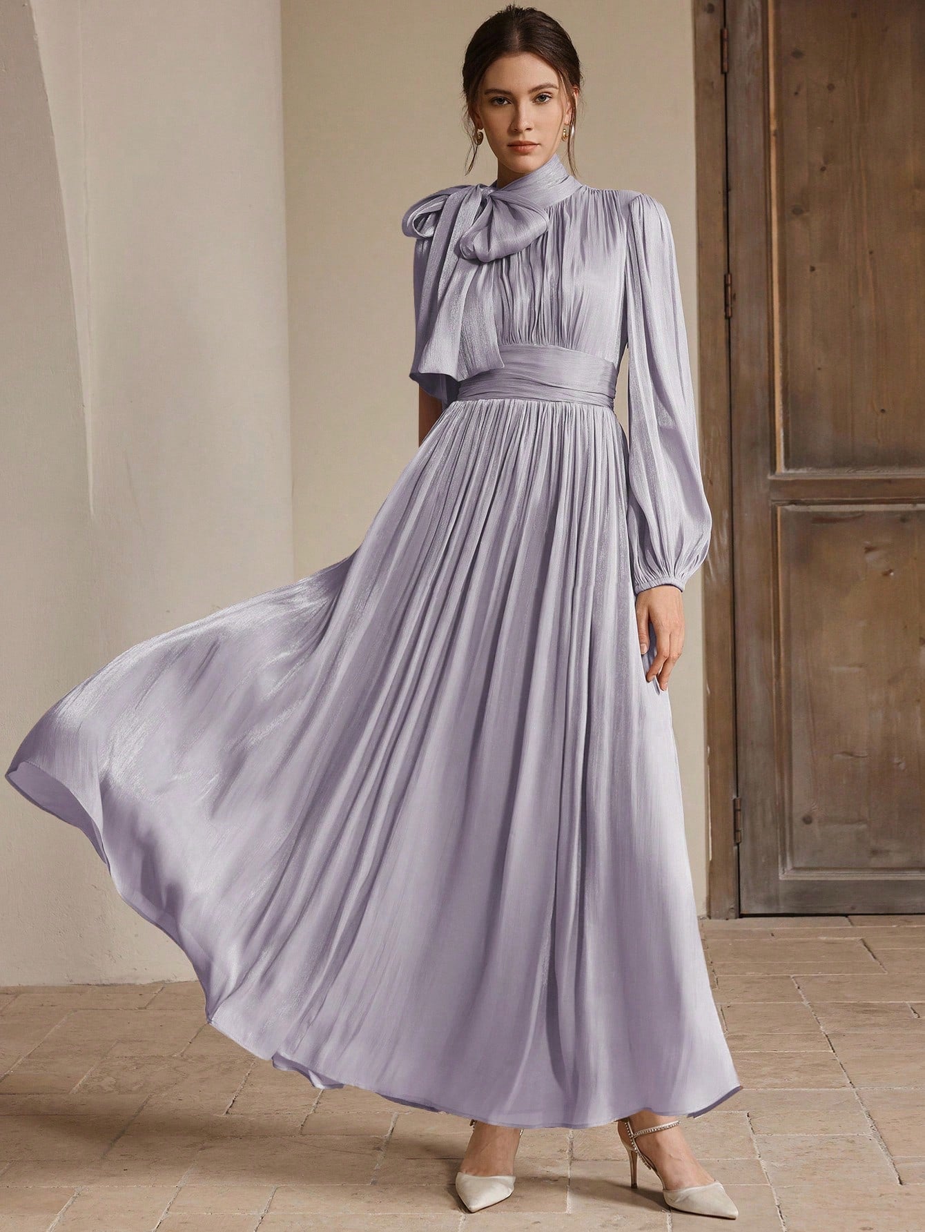 Anewsta Women's Pleated Waist Shiny Elegant Versatile Long Dress shein