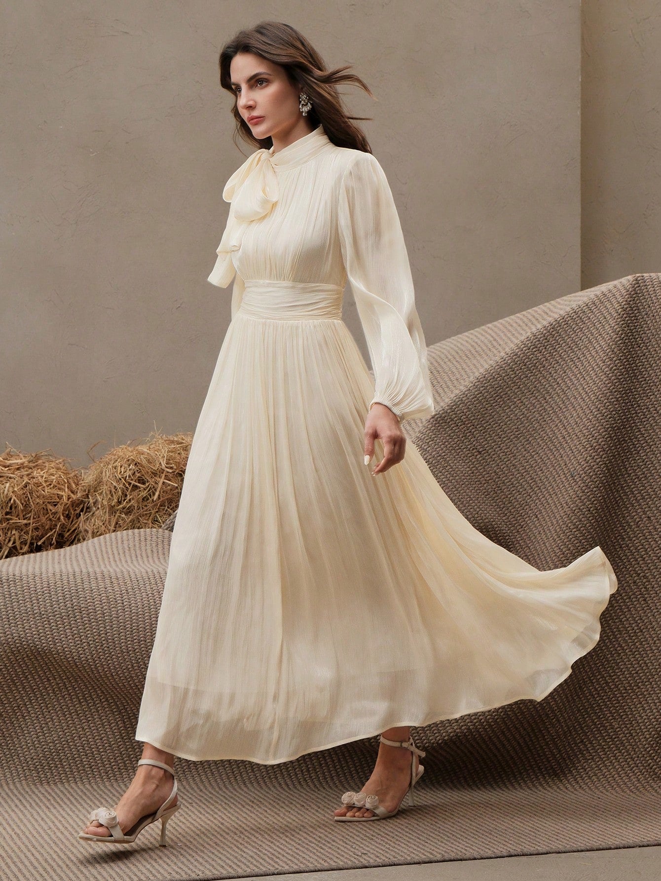 Anewsta Women's Pleated Waist Shiny Elegant Versatile Long Dress shein
