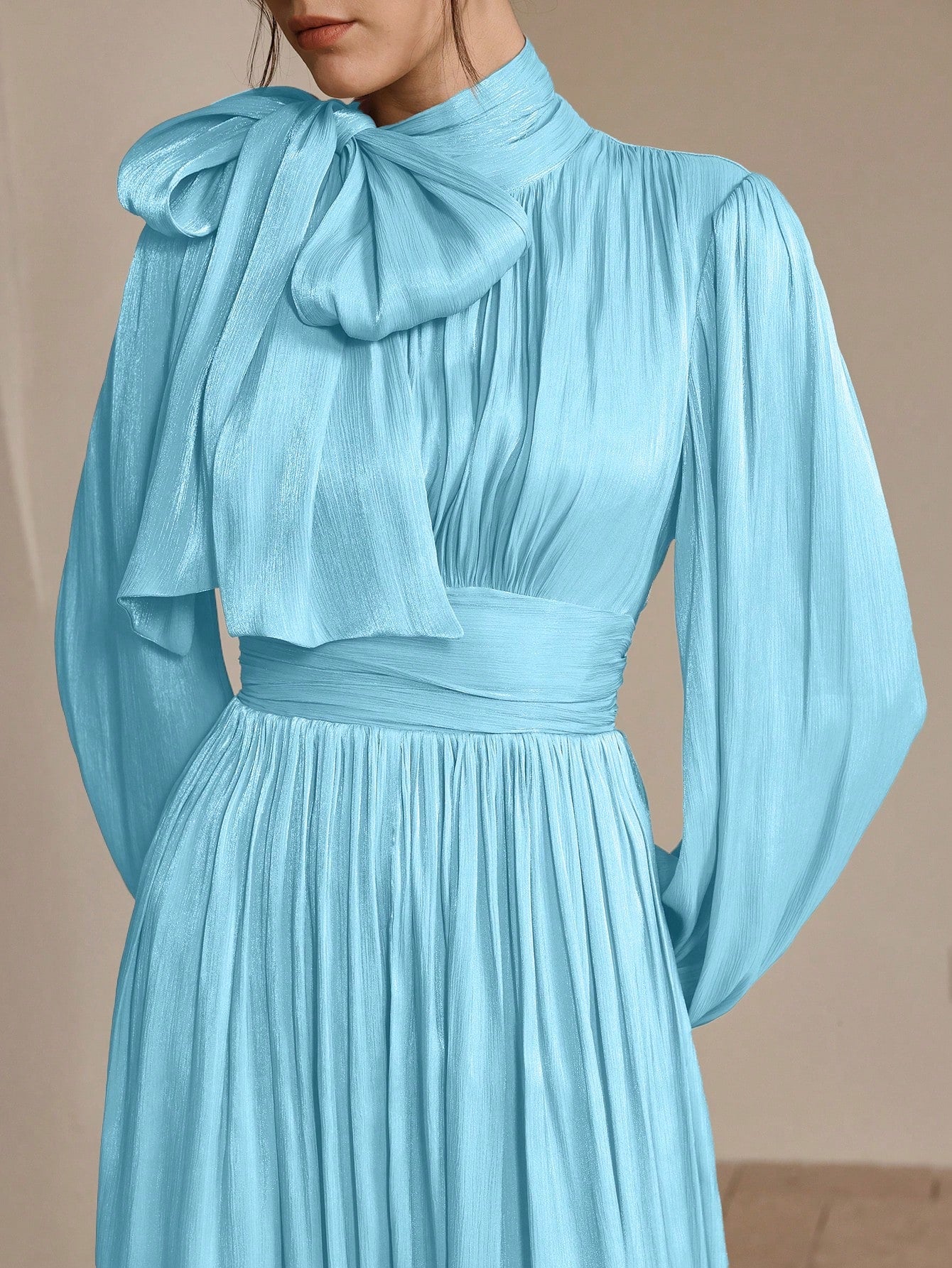 Anewsta Women's Pleated Waist Shiny Elegant Versatile Long Dress shein