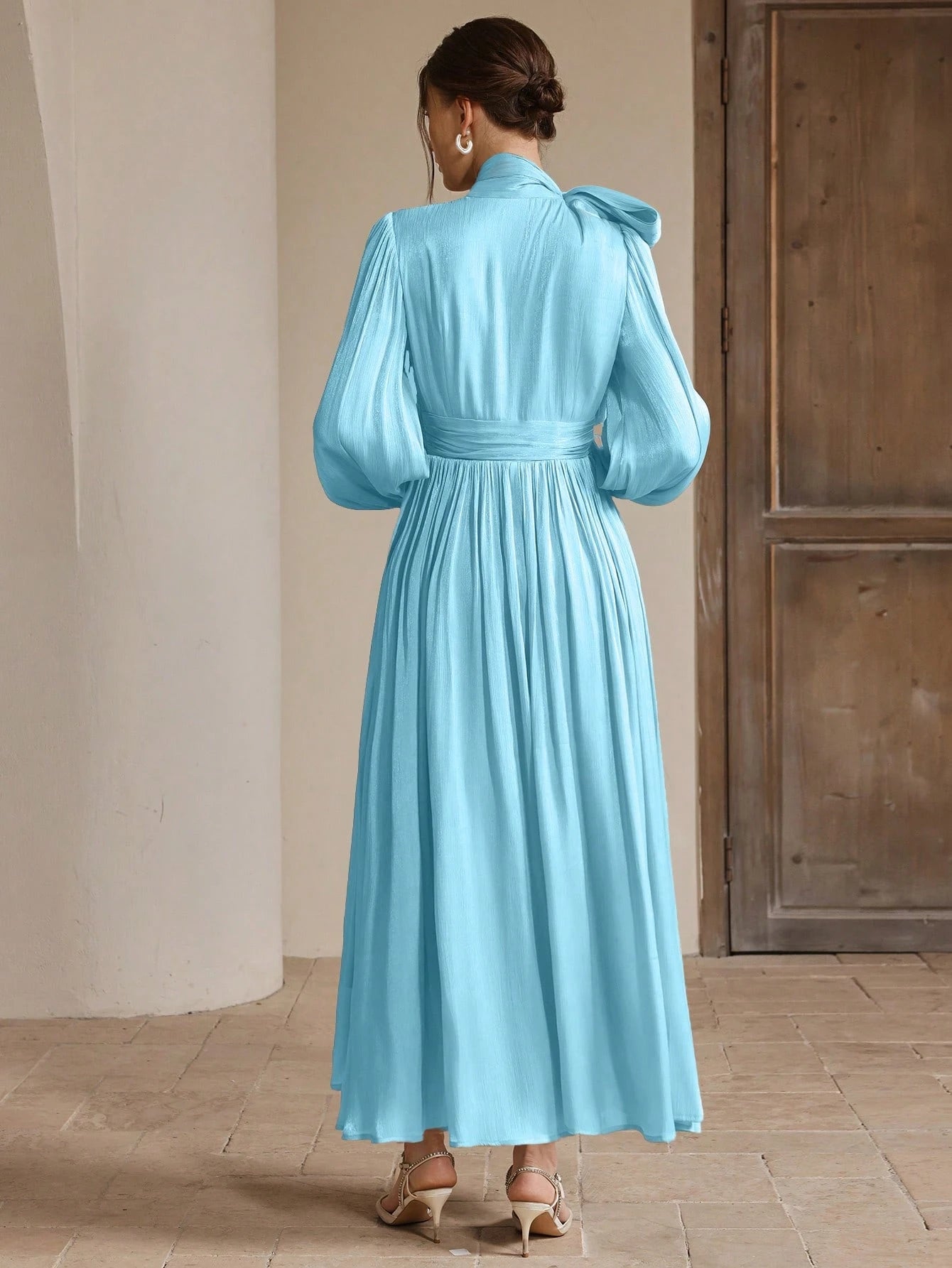 Anewsta Women's Pleated Waist Shiny Elegant Versatile Long Dress shein