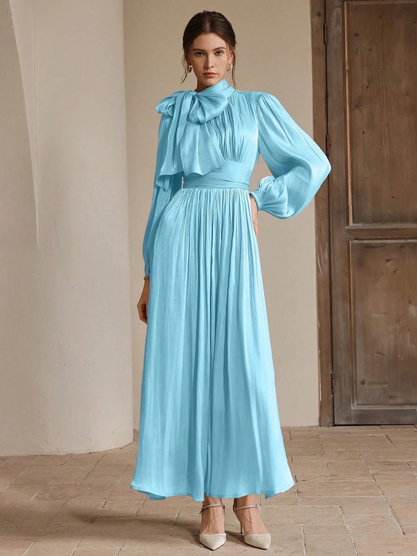 Anewsta Women's Pleated Waist Shiny Elegant Versatile Long Dress shein