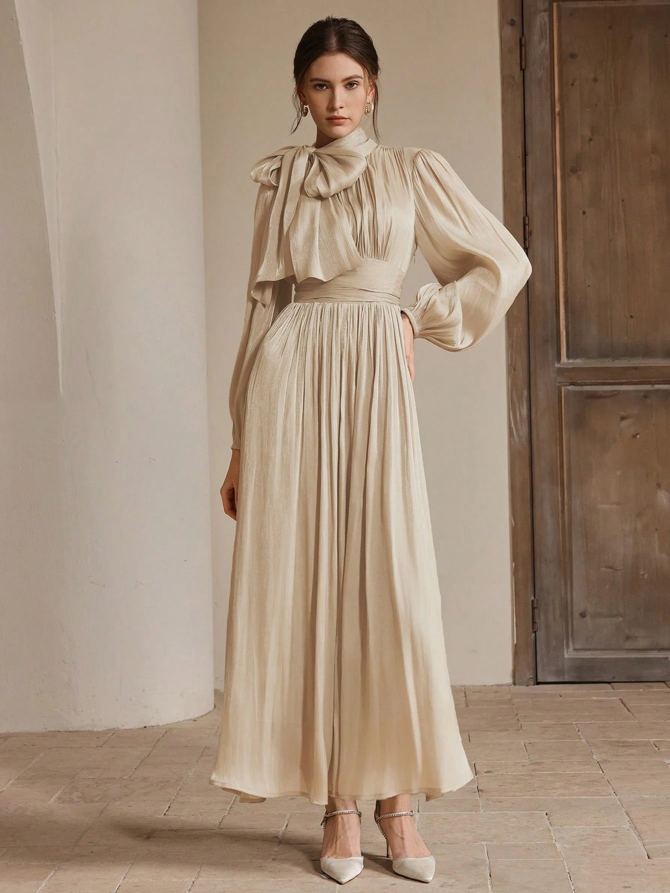 Anewsta Women's Pleated Waist Shiny Elegant Versatile Long Dress shein