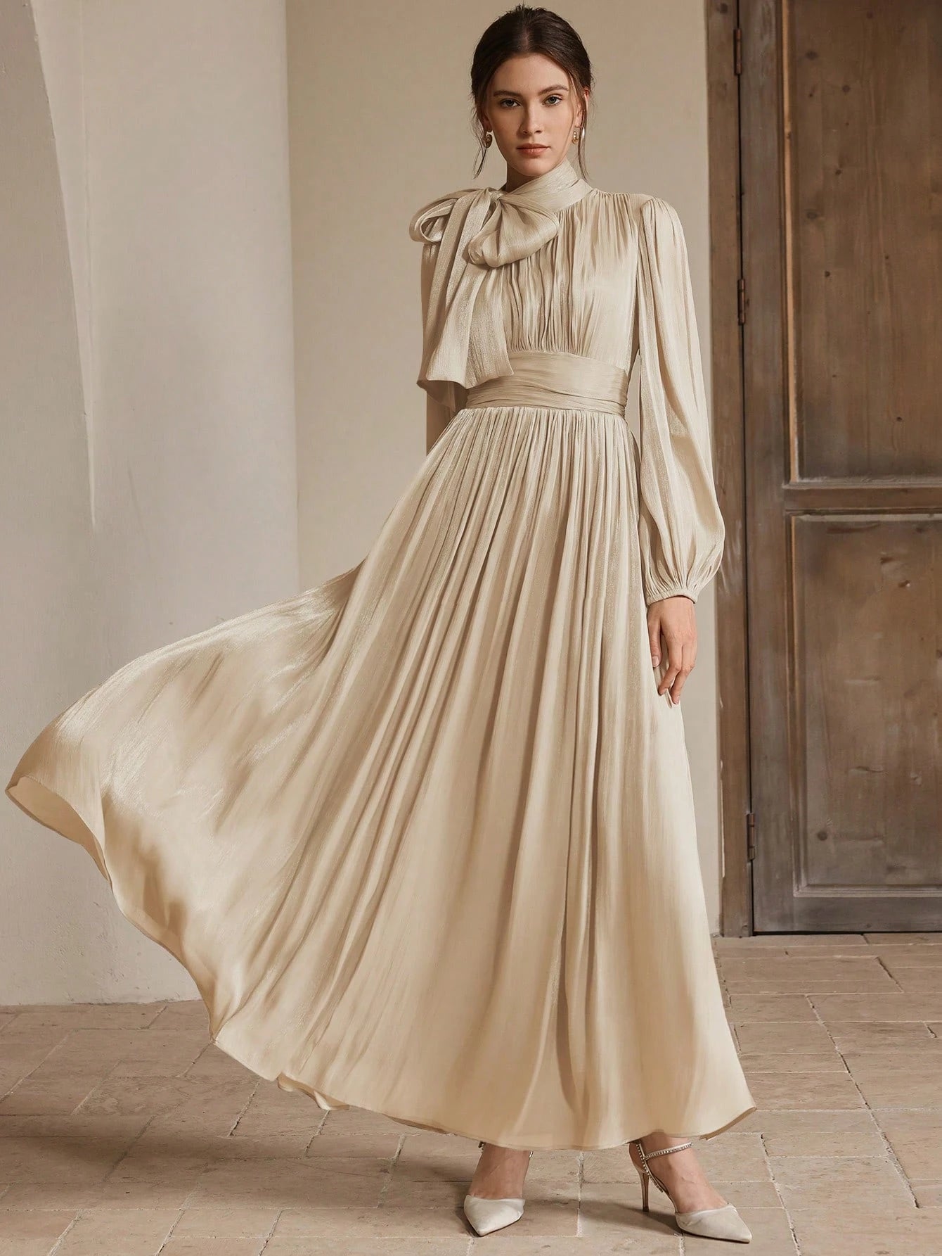 Anewsta Women's Pleated Waist Shiny Elegant Versatile Long Dress shein