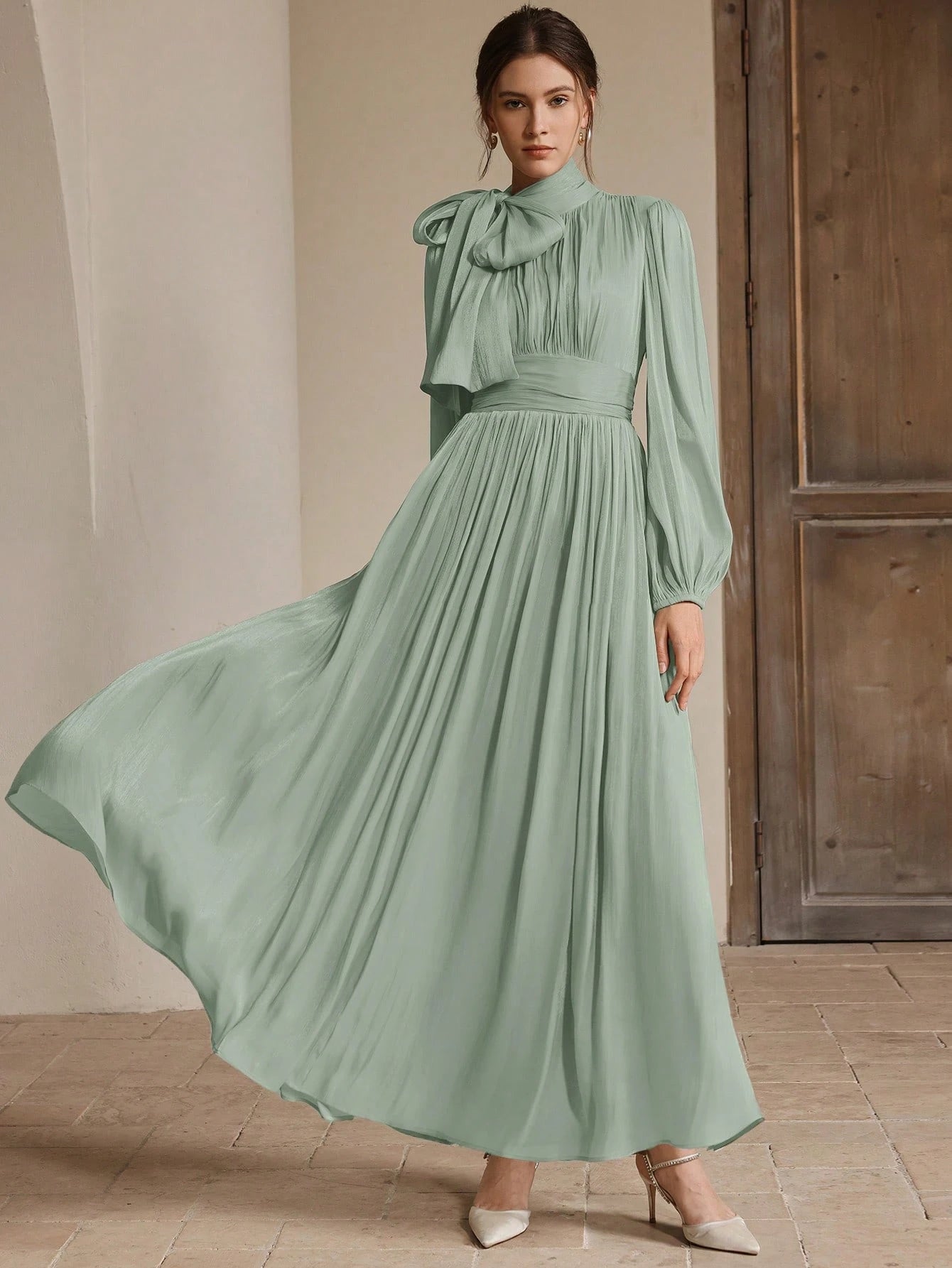 Anewsta Women's Pleated Waist Shiny Elegant Versatile Long Dress shein