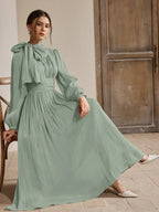 Anewsta Women's Pleated Waist Shiny Elegant Versatile Long Dress shein