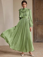 Anewsta Women's Pleated Waist Shiny Elegant Versatile Long Dress shein