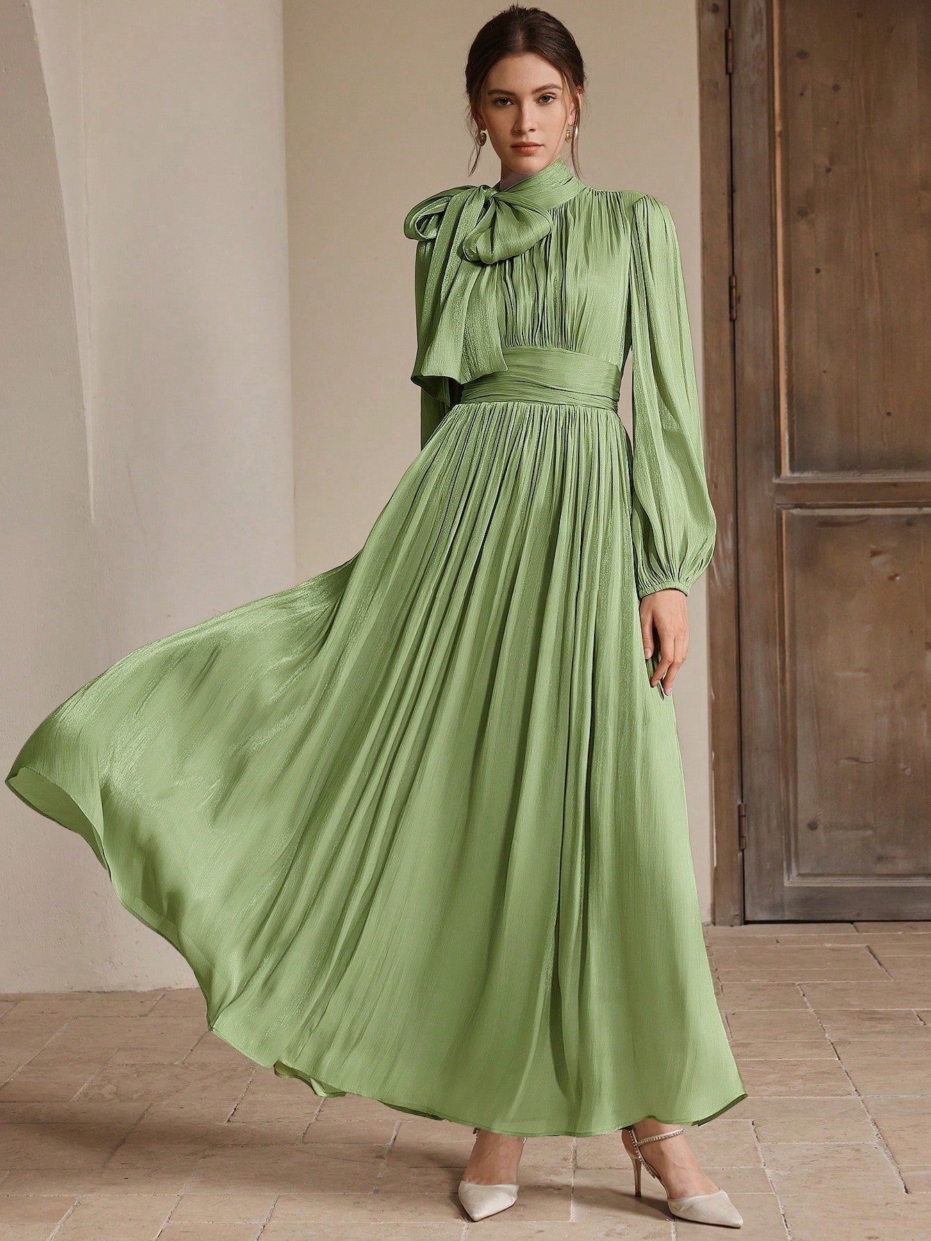 Anewsta Women's Pleated Waist Shiny Elegant Versatile Long Dress shein