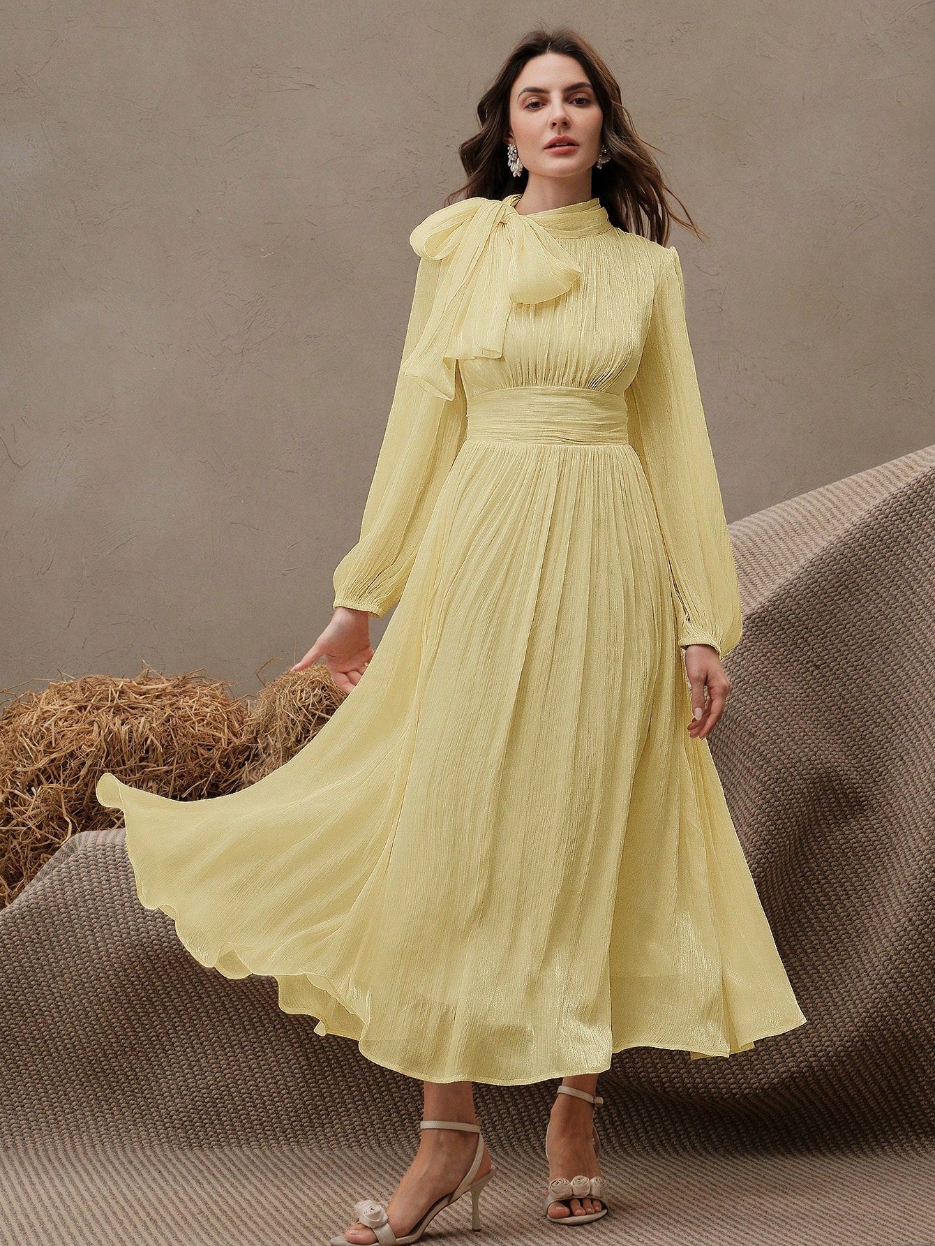 Anewsta Women's Pleated Waist Shiny Elegant Versatile Long Dress shein