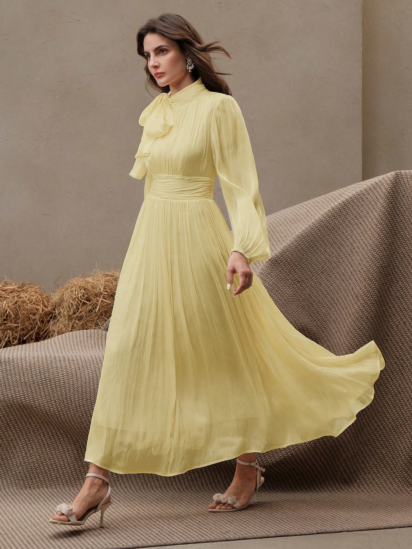 Anewsta Women's Pleated Waist Shiny Elegant Versatile Long Dress shein