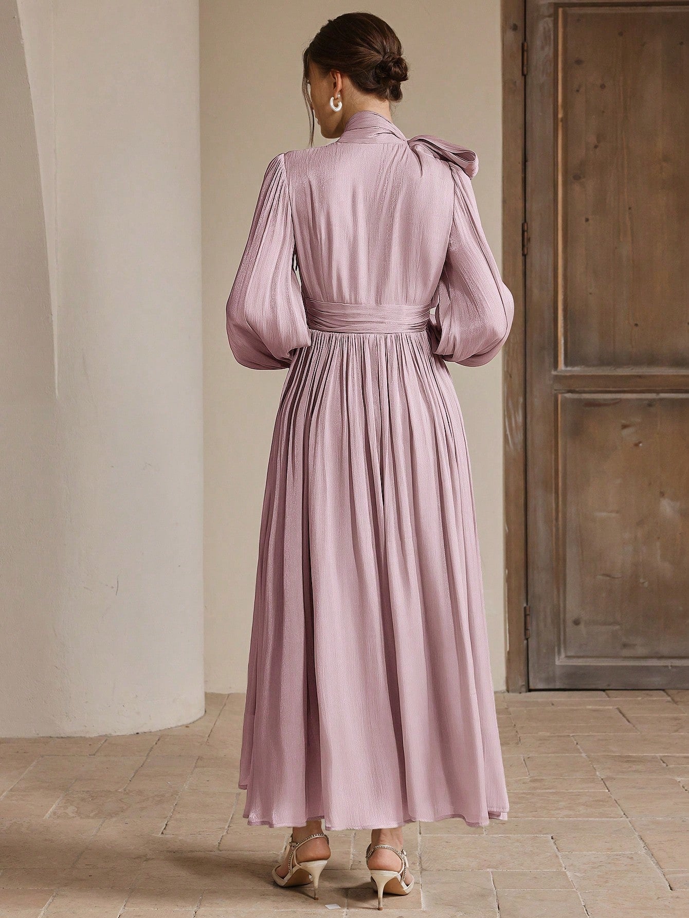Anewsta Women's Pleated Waist Shiny Elegant Versatile Long Dress shein
